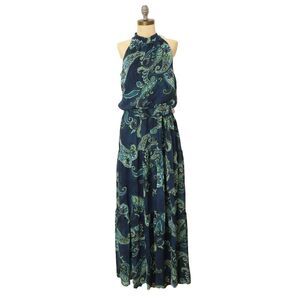 JULIA JORDAN Mock Neck Three Tier Maxi Dress 6 Navy Multi Blue Sleeveless NWT B5